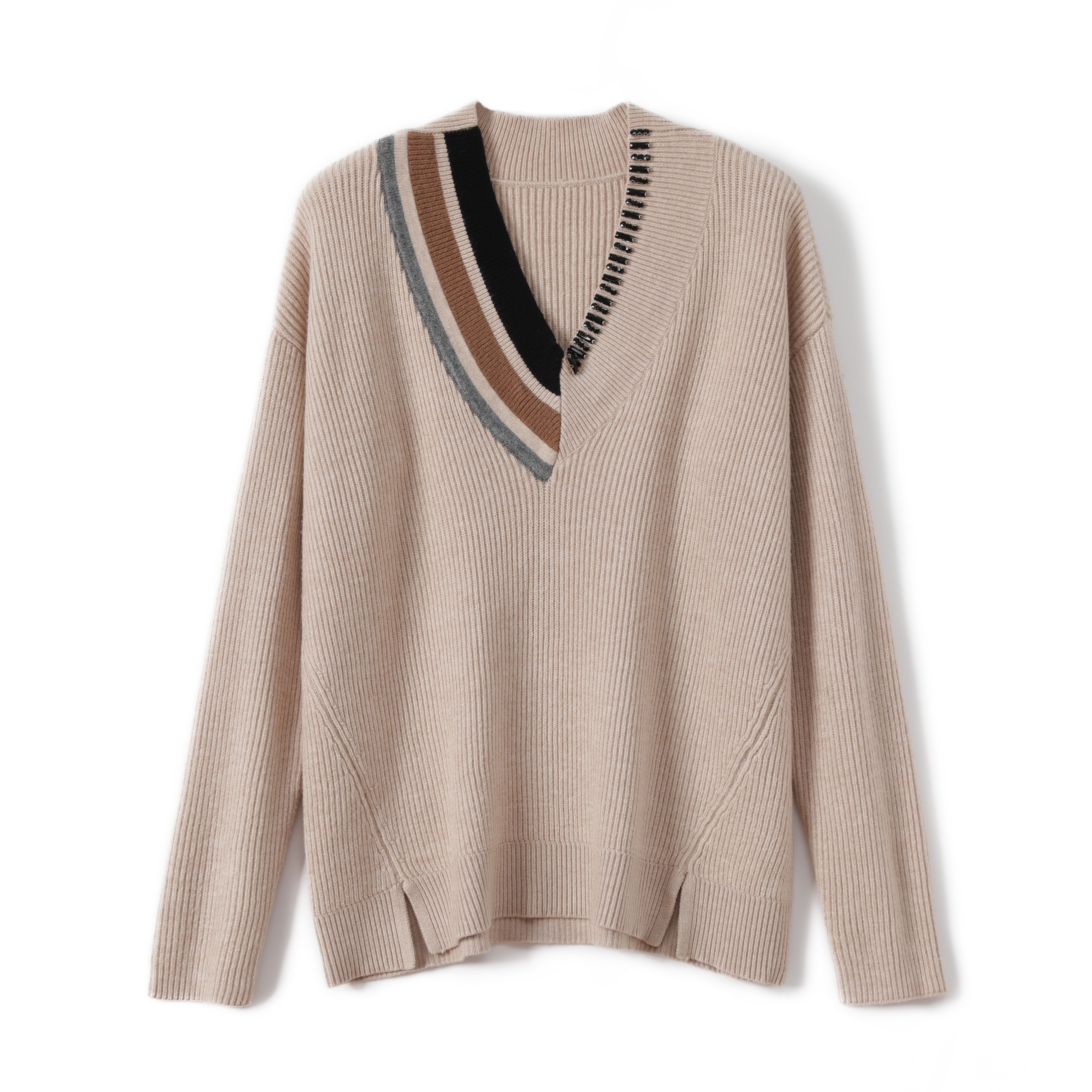 ladies kintted ribs stripes pullover